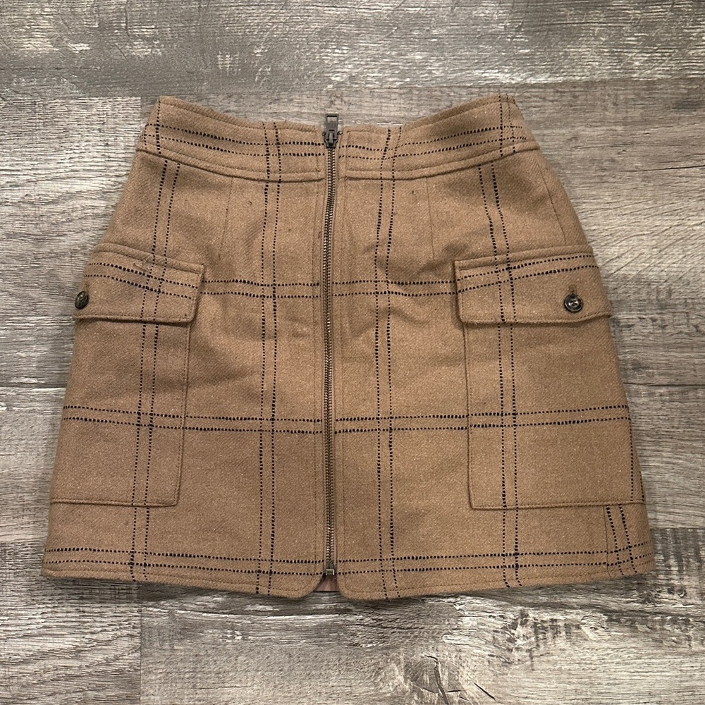 Madewell Zip Front  Tan Plaid Wool Blend Mini‎ Skirt